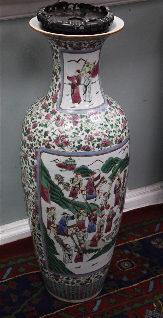 A pair of massive Chinese famille rose baluster vases, 100cm, wood stands